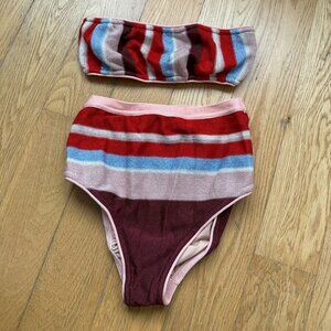 Suboo Two Piece Bikini Swimsuit Multicolored Stripes Knit High Waist Strapless